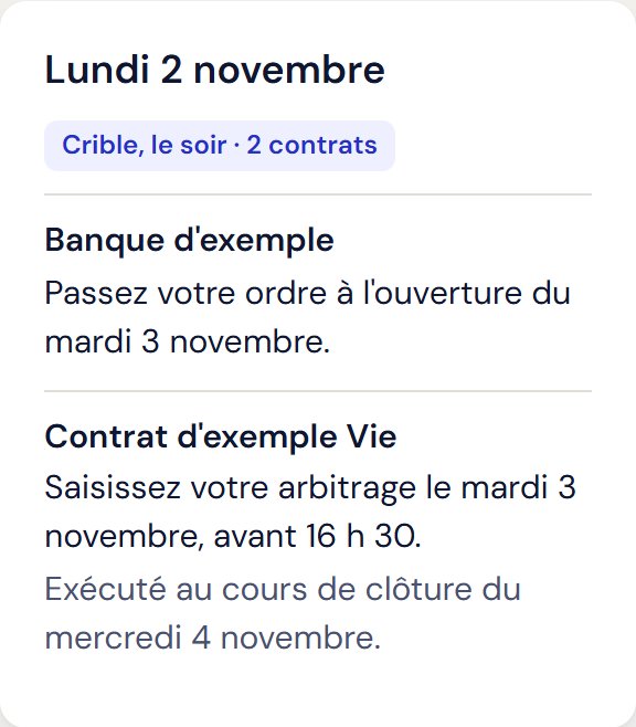 Une date de crible dans l'agenda, avec la consigne de chaque contrat.