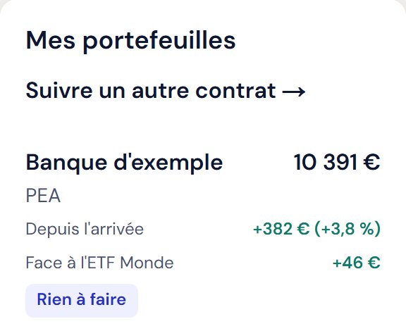 Mes portefeuilles : chaque contrat, sa valeur et l'écart avec l'ETF Monde.